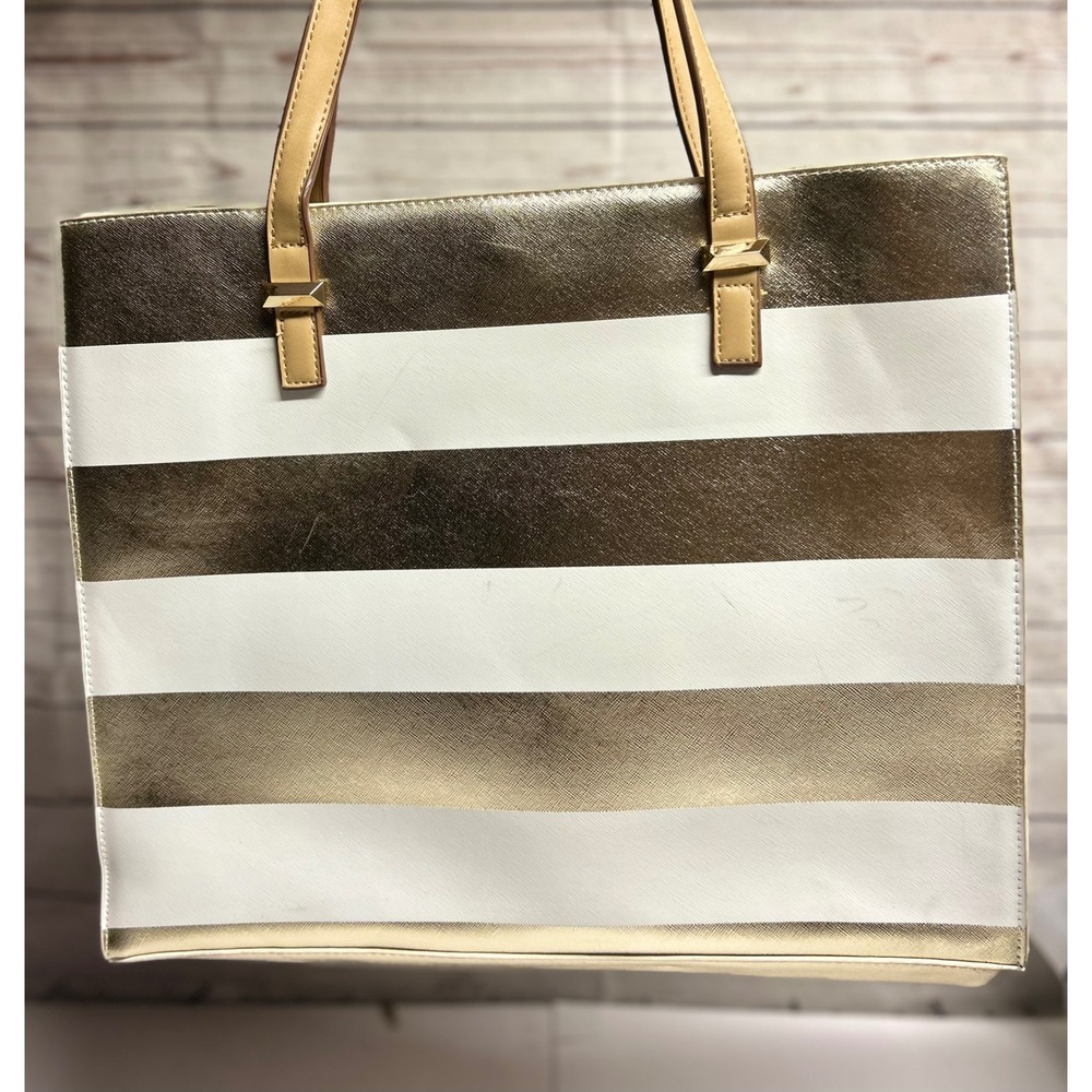 Madison West Tote Bag Large Gold White Striped Faux Leather Shoulder Bag glam